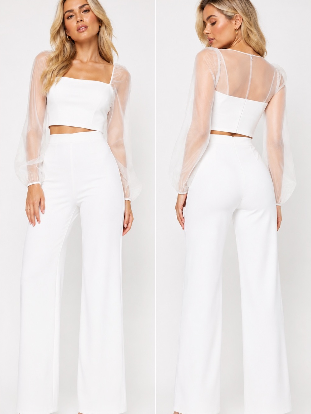 Lulus Sheerly Sultry 2 Piece Pantsuit Ivory Organza Balloon Size S NWT